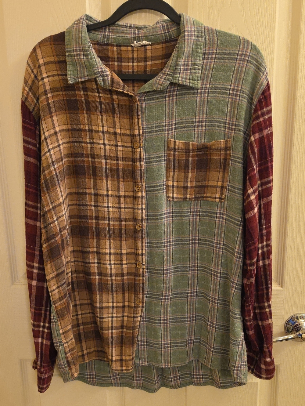 Cotton On Oversized Mixed Plaid Button-Down Shirt in Green, Brown & Burgundy